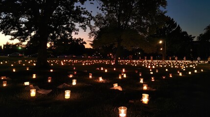 A candlelight vigil taking place in the evening with soft lights glowing