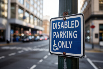 Fototapeta premium Disabled parking sign attached to a lamppost in the city with buildings in the background