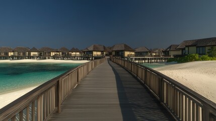 Fototapeta premium Tropical island resort walkway over turquoise lagoon.
