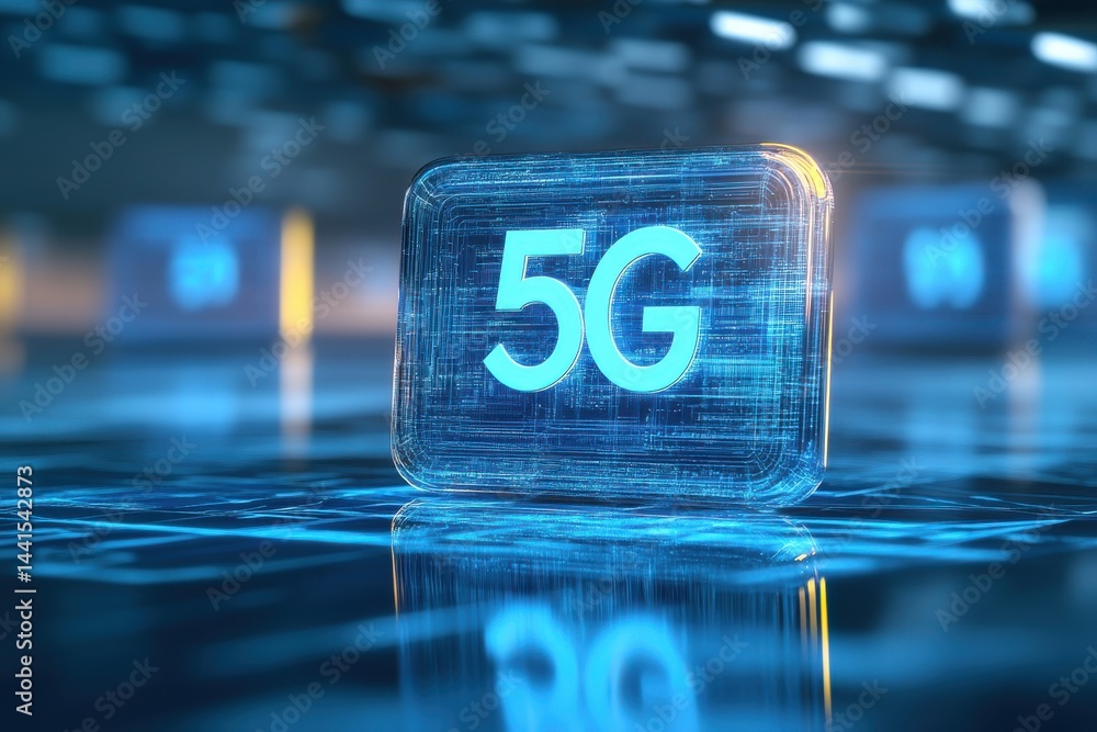 Poster futuristic 5g network technology digital cube abstract blue glow data high speed cyber speed modern
