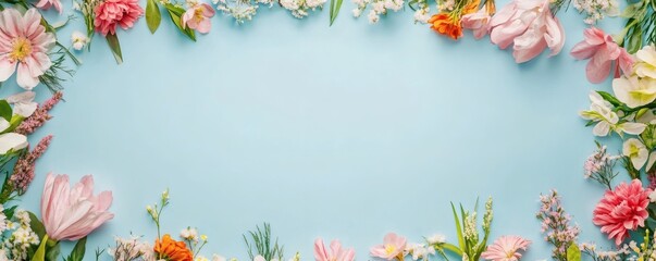 Obraz premium Colorful floral arrangement on a light blue background.