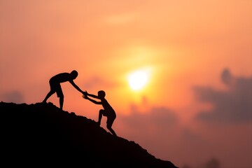 Silhouette of reaching, giving a helping hand, hope and support each other over sunset background. Help, friendship international day concept.