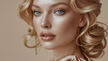 Fototapeta premium Elegant portrait of a blond woman with glamorous makeup and hairstyle.