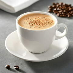 Fototapeta premium A hot cup of coffee surrounded by roasted beans, creating a cozy and aromatic vibe—perfect for cafes, morning rituals, coffee branding, and warm, inviting visual themes.