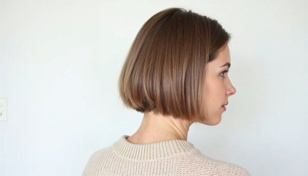 studio portrait of a brunette short haired woman with nude shoulders on a white background, back view