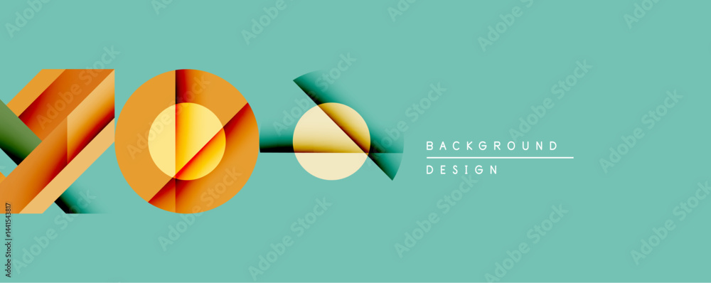 Poster Abstract geometric composition. Overlapping shapes create dynamic visual effect. Warm colors contrast cool background. Modern design element for various applications.