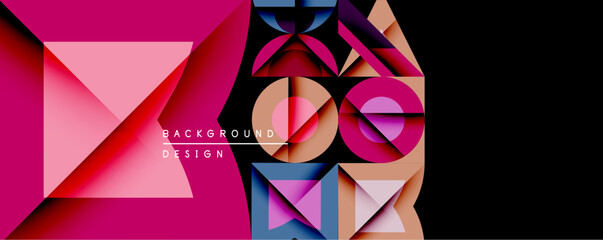 Abstract geometric composition. Vivid pinks, blues, oranges contrast against black backdrop. Shapes overlap, creating dynamic visual texture. Modern design element.