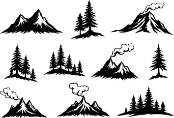 Mountain and Pine Tree Silhouette Bundle – Nature Landscape Vector Set