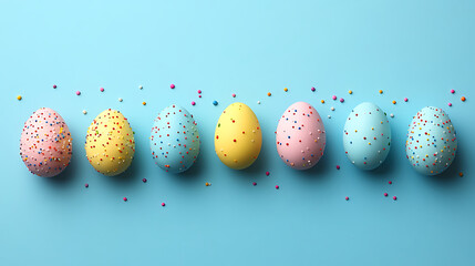 Pastel colored easter eggs decorated with sprinkles arranged on a light blue background representing springtime celebrations and holiday joy for children