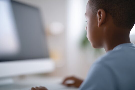 child engaged in online lesson with blurred background emphasizing focus on learning