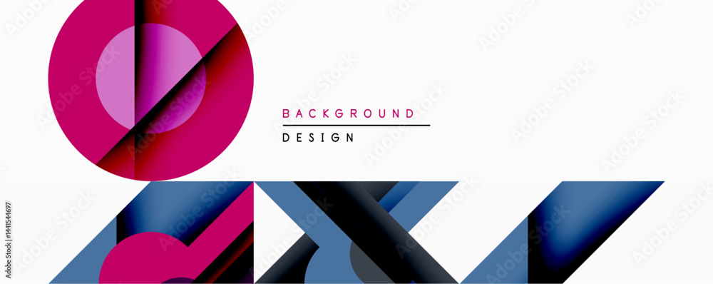 Poster Abstract geometric composition. Pink, blue, black shapes overlap creating dynamic visual effect. Minimalist design suitable for backgrounds, presentations, modern graphics.