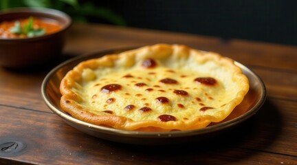A Golden-Brown Flatbread Topped with Melted Cheese, Served on a Rustic Wooden Table with a Bowl of Savory Sauce in the Background