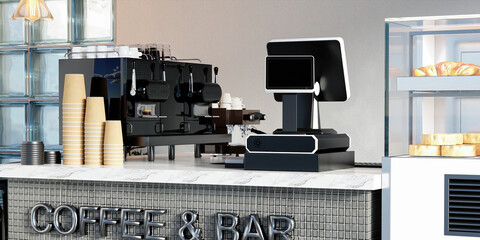 Stylish Coffee Bar Setup with Equipment, 3D render illustration