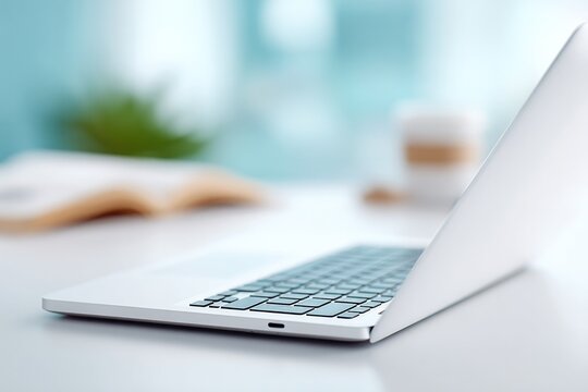 close-up of laptop on minimalist clean desk open textbook and cup suggesting online learning