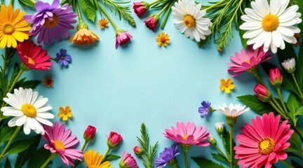 Vibrant Floral Border on a Light Blue Background, Perfect for Springtime Celebrations or Greeting Cards
