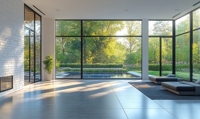Fototapeta premium Modern interior design with expansive glass walls showcasing a lush garden and pool.