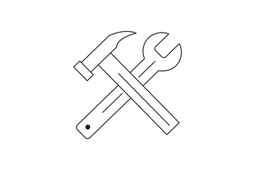 Minimalist crossed hammer and wrench icon, simple line drawing of hand tools, clean thin line repair symbol