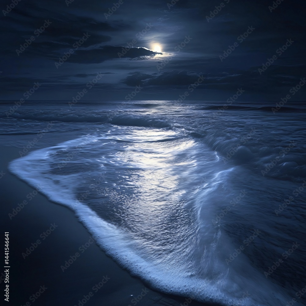 Poster enchanting moon rising over the calm ocean creating a serene and mystical scene with waves gently re
