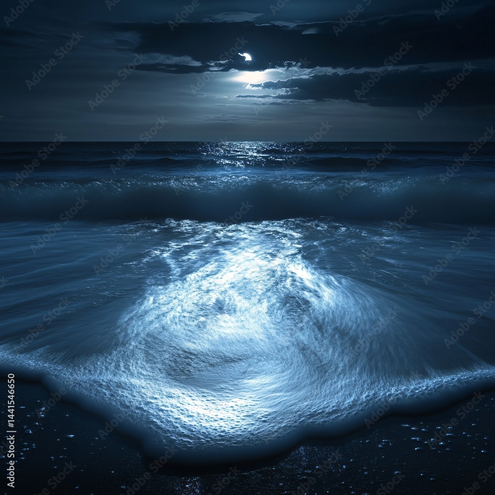 Poster mesmerizing full moon illuminating the ocean with moonlit waves reflecting on the water creating a s
