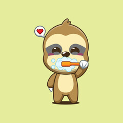 Cute sloth cartoon vector illustration brushing teeth