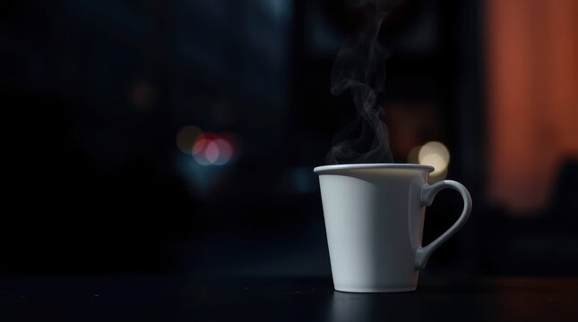 A steaming cup conveys warmth and relaxation on a cool night, with dark ambiance and diffused city