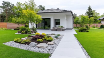 Fototapeta premium Modern home exterior with meticulously landscaped backyard. A paved walkway leads to a patio area, featuring a mix of flowering shrubs, trees, and stones