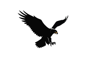 Obraz premium Eagle silhouette. A black silhouette image of an eagle with wings spread wide, talons extended, and beak open, representing a powerful and majestic bird of prey. Vector clipart illustration design.
