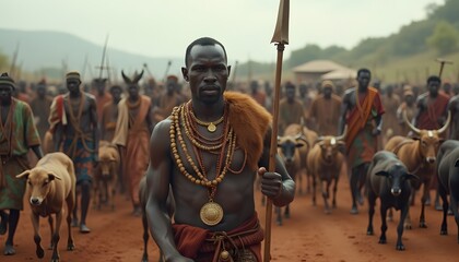 Stock photo of african tribe warrior with spear and cattle in traditional clothing and jewelry photoshoot
