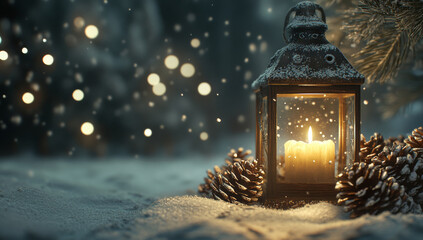 vintage lantern with warm candlelight glows softly amidst snow covered pine cones, creating cozy and enchanting winter atmosphere filled with gentle snowfall