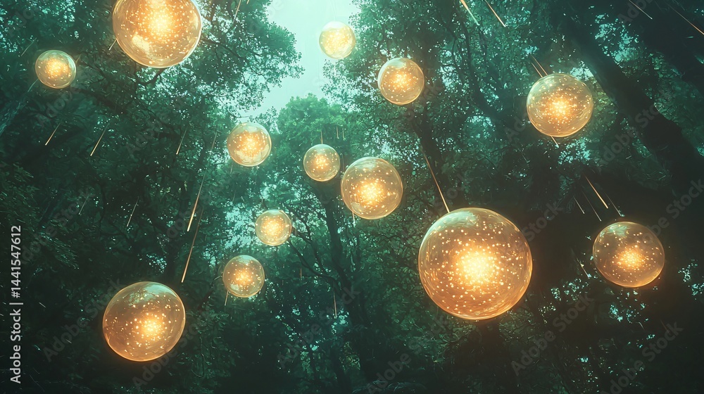 Poster enchanting forest scene with mystical light orbs floating in a dreamlike atmosphere creating a capti