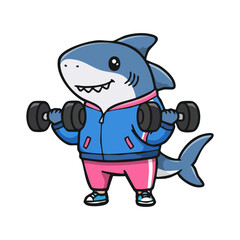 Naklejka premium cute icon character shark lifting dumbbells