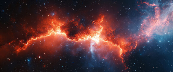 Fototapeta premium stunning cosmic scene featuring vibrant orange and red nebulae against backdrop of twinkling stars, evoking sense of wonder and vastness of space