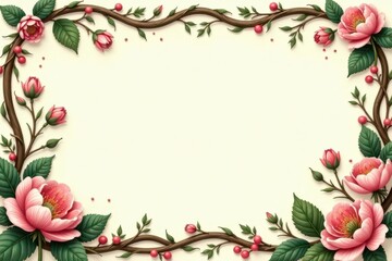 Fototapeta premium Elegant floral frame with blooming pink blossoms and intertwining branches, perfect for invitations or announcements