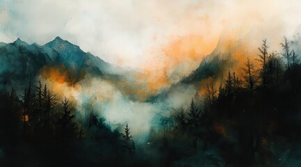 Misty mountain range landscape