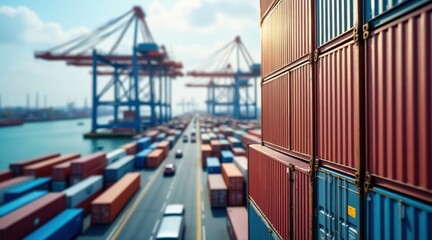 Fototapeta premium Close-up of stacked shipping containers at a busy port with blurred cranes in the background. Symbolizes international trade tariffs