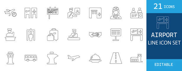 21 editable airport line icons in minimal style. Perfect for aviation, travel, airport services, and flight-related  and infographics