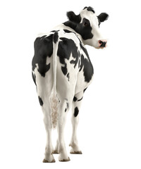 A black and white dairy cow stands isolated on a transparent background, an animal often seen grazing in a green pasture on a farm