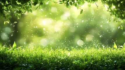 Sunlit grassy field with green leaves and bokeh effect