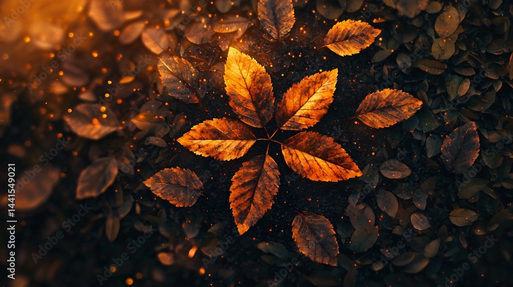 Poster a leaf gracefully positioned with fiery background creating a dramatic atmosphere and symbolizing th