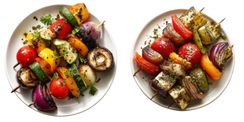 Colorful Grilled Vegetable Skewers on White Plates Isolated on Transparent Background
