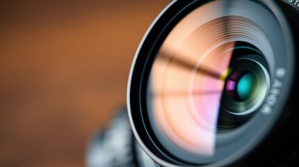 A close-up captures the intricate details and internal reflections of a camera lens, creating an