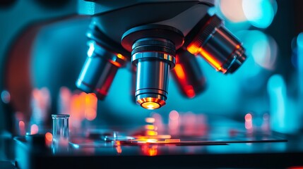 Microscope closeup detailed scientific research laboratory equipment lens blue tool glass metal light