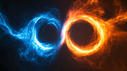 Abstract cosmic design featuring swirling blue and orange energy, representing dynamic interaction between two forces in space. glowing elements create captivating visual effect