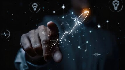 Hand pointing at glowing rocket-shaped rising arrow in dark space filled with floating scientific and technological icons, symbolizing growth and innovation