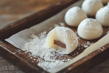 Delicious mochi with soft, chewy texture, coated in white powder, revealing rich chocolate filling inside. Perfect for dessert lovers seeking sweet treat
