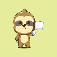 Fototapeta premium Cute sloth cartoon vector illustration with white flag