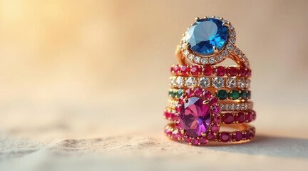 Fototapeta premium A Stack of Exquisite Gemstone Rings, Shimmering with Colorful Precious Stones, Displayed on a Textured Surface in Warm Golden Light