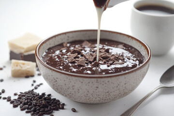 Creamy chocolate porridge is being prepared with milk poured over it, garnished with chocolate pieces, and accompanied by coffee and chocolate squares. This delightful scene evokes warmth