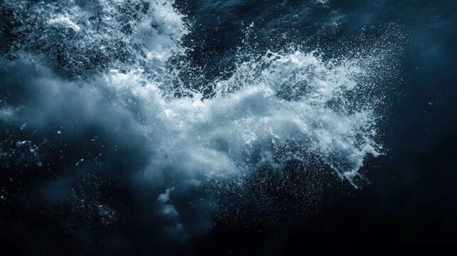 Underwater ocean waves crashing. Powerful splashes of water