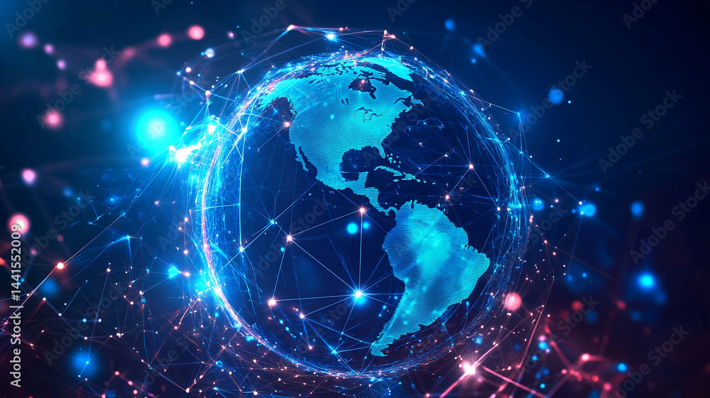Poster stunning view of earth at night from space, exploring global networking with virtual internet connec